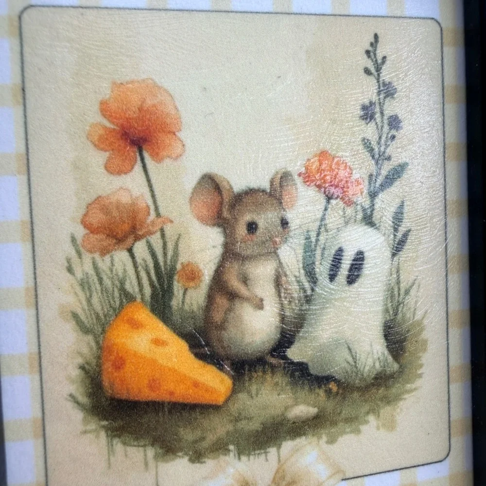 Mouse Ghost and Cheese Art Print in Black Frame Cottagecore Halloween